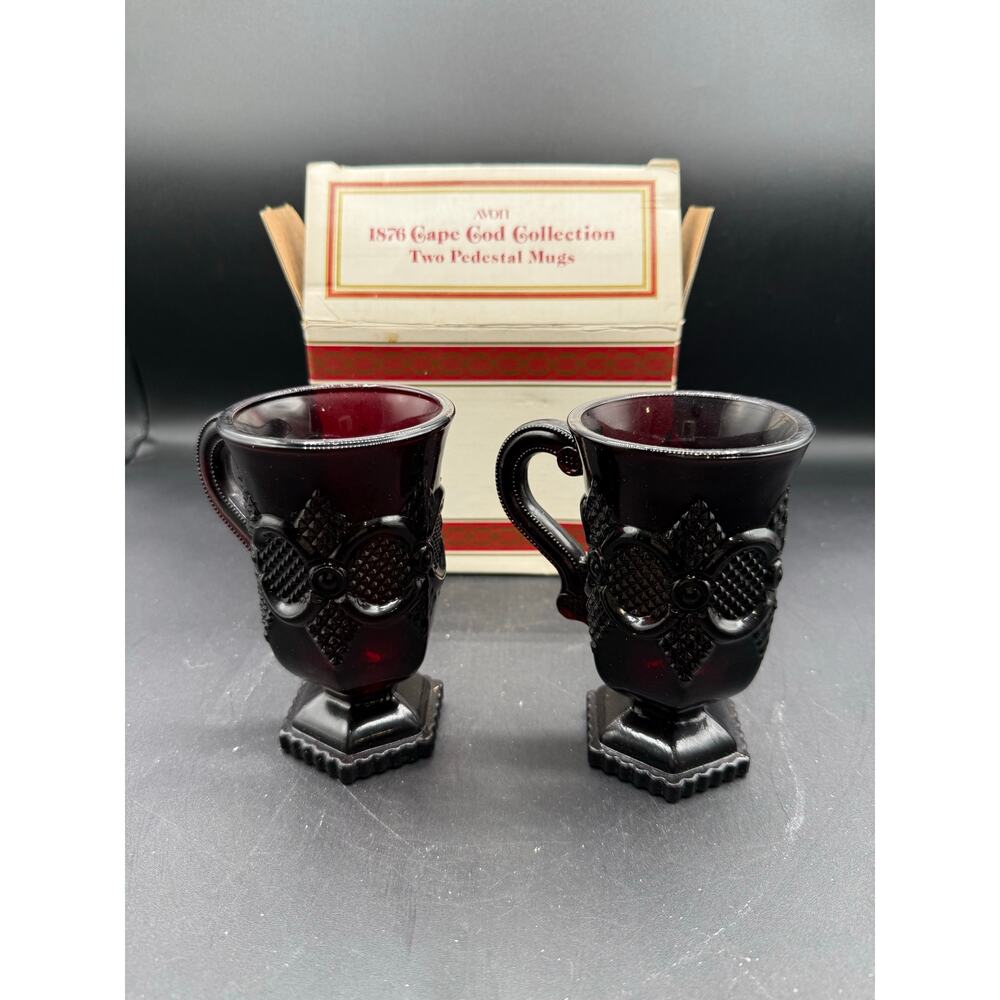Set of 2 Vintage Avon 1876 Cape Cod Ruby Red Footed Pedestal Mugs-NIB